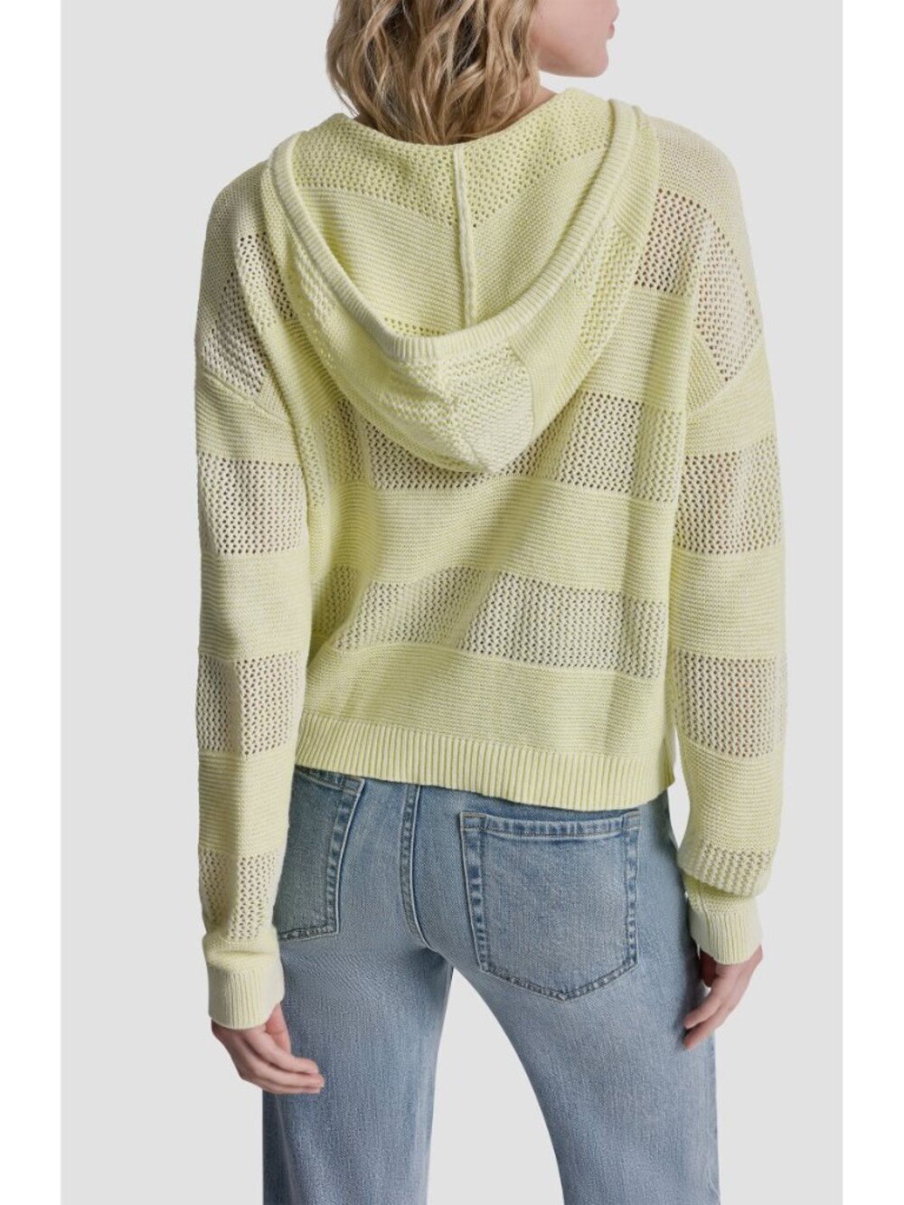 DKNY JEANS NWT POINTELLE STRIPE LEMON LIGHT COTTON HOODED SWEATER. SIZE S - Picture 3 of 11